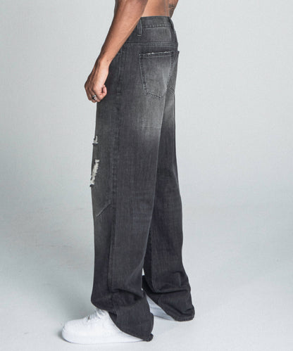 AJ09B-2 BLACK DISTRESSED BAGGY JEANS