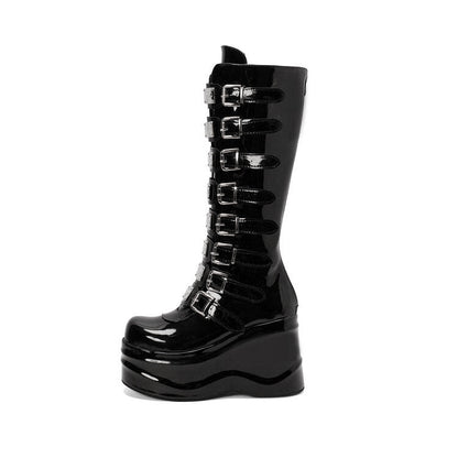 Women's Round-Toe Chunky Heel Back-Zip Ultra High Heel Boots | Black PU & Patent Leather