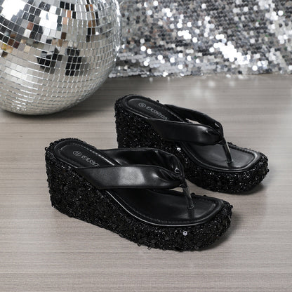 Women's Sequin Wedge Sandals | Glitter Platform Heels | Beach & Resort Sandals