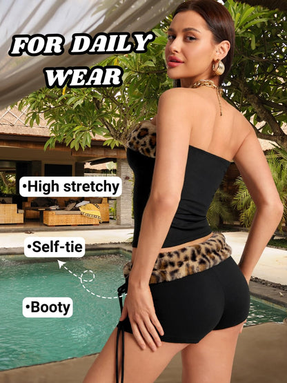 Valentine Leopard Costume - Strapless Crop Top and Low Rise Shorts - Club Going Out Outfit