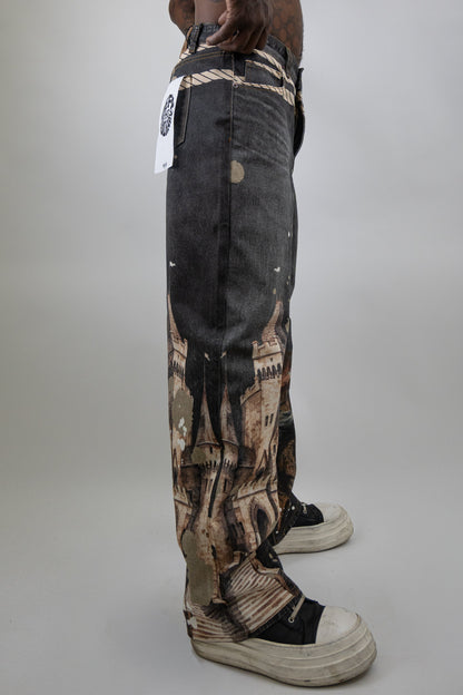 RM203B Castle - Graphic Printed Baggy Jeans