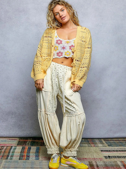 POL Open-Knit Floral Button Cardigan