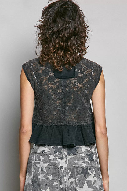 POL Round Neck Lace Sleeveless Top with Double Gauze Ruffle