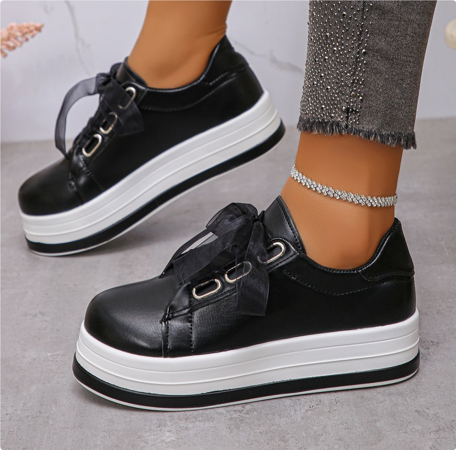 Single Large Size Casual European And American Lace-up Flat Round Toe Platform Women's Shoes See size chart under “more details”