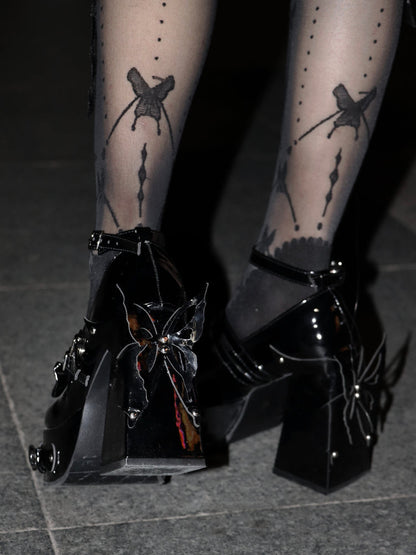 Rivet Bow Round Toe Bright Leather Platform Thick High Heels See size chart under “more details”