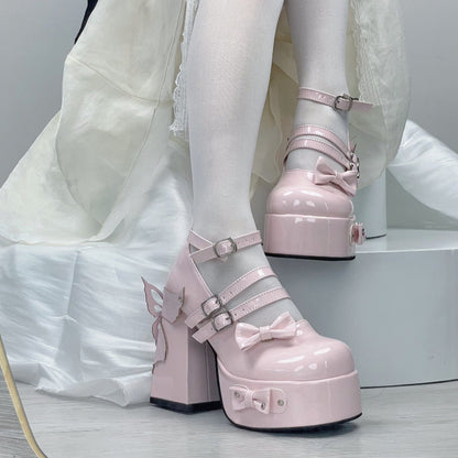 Rivet Bow Round Toe Bright Leather Platform Thick High Heels See size chart under “more details”