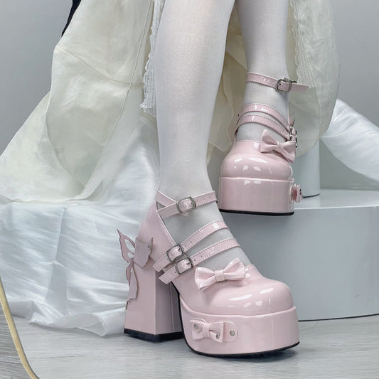 Rivet Bow Round Toe Bright Leather Platform Thick High Heels See size chart under “more details”