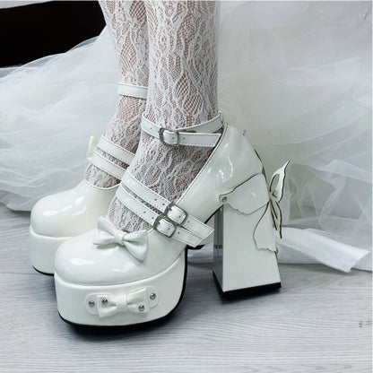 Rivet Bow Round Toe Bright Leather Platform Thick High Heels See size chart under “more details”