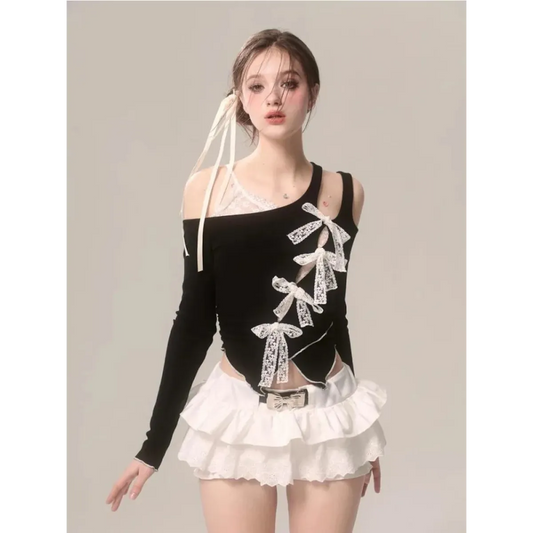 Lace Bow Cutout Top – Kawaii Y2K Harajuku Aesthetic