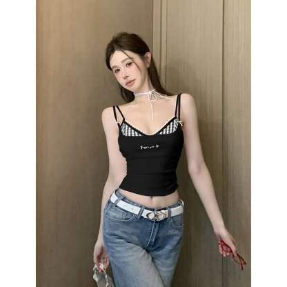 Plaid Y2K Layered Camisole – Retro Korean Aesthetic